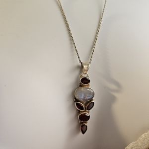 Rainbow Moonstone & Garnet Sterling Silver Pendant